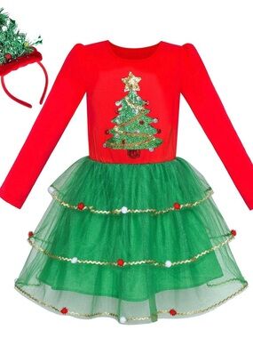 Girls Red & Green Christmas Tree Tutu Dress Holiday Costume